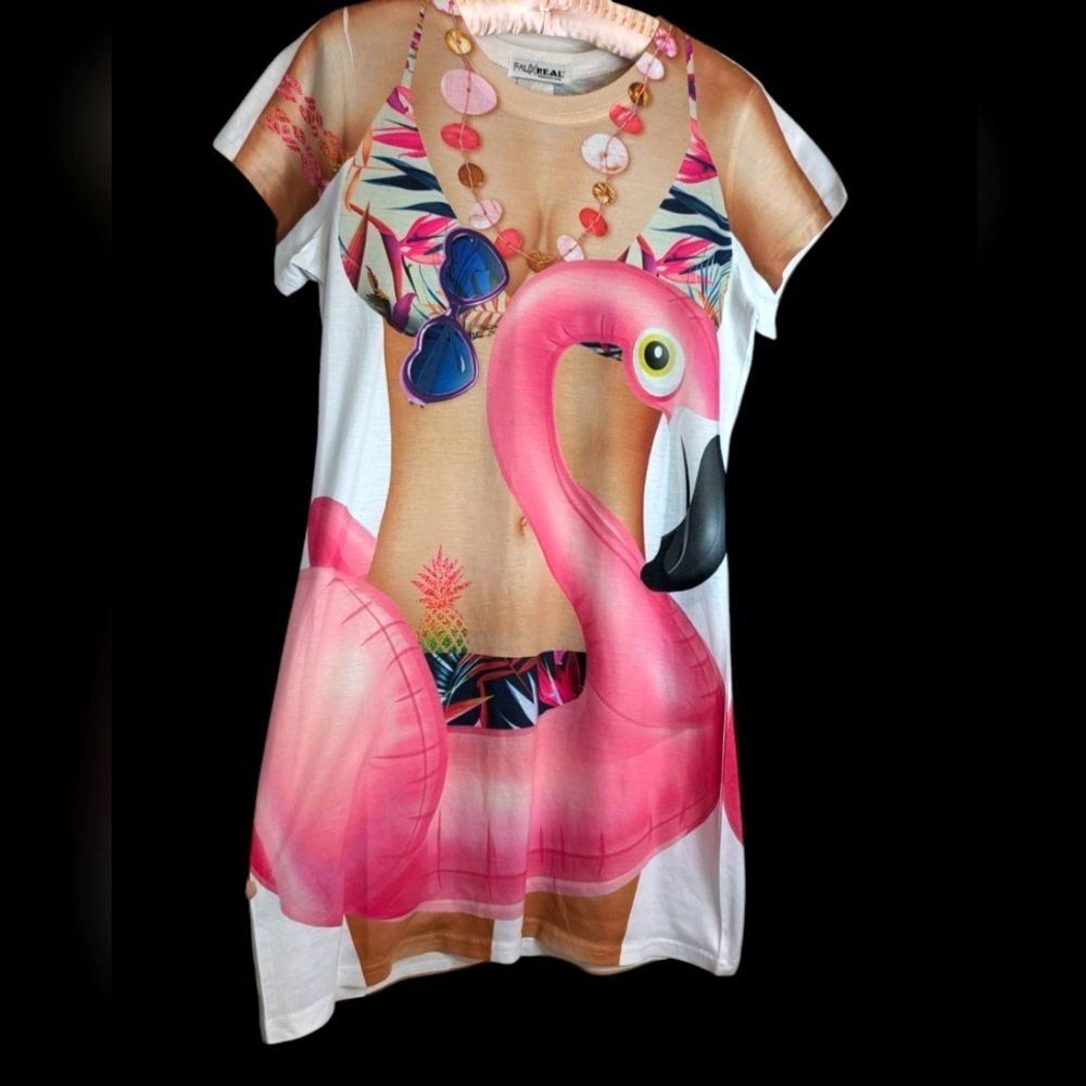 NWOT Faux Real Flamingo Cover-up- Size M pink/white